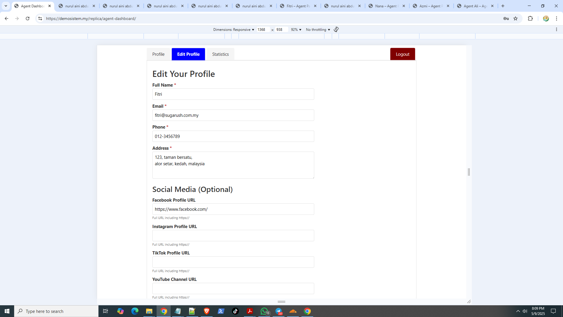 Agent Dashboard - Edit Profile